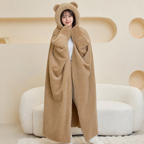 くま耳フード付き ロング丈の着る毛布 キャメル