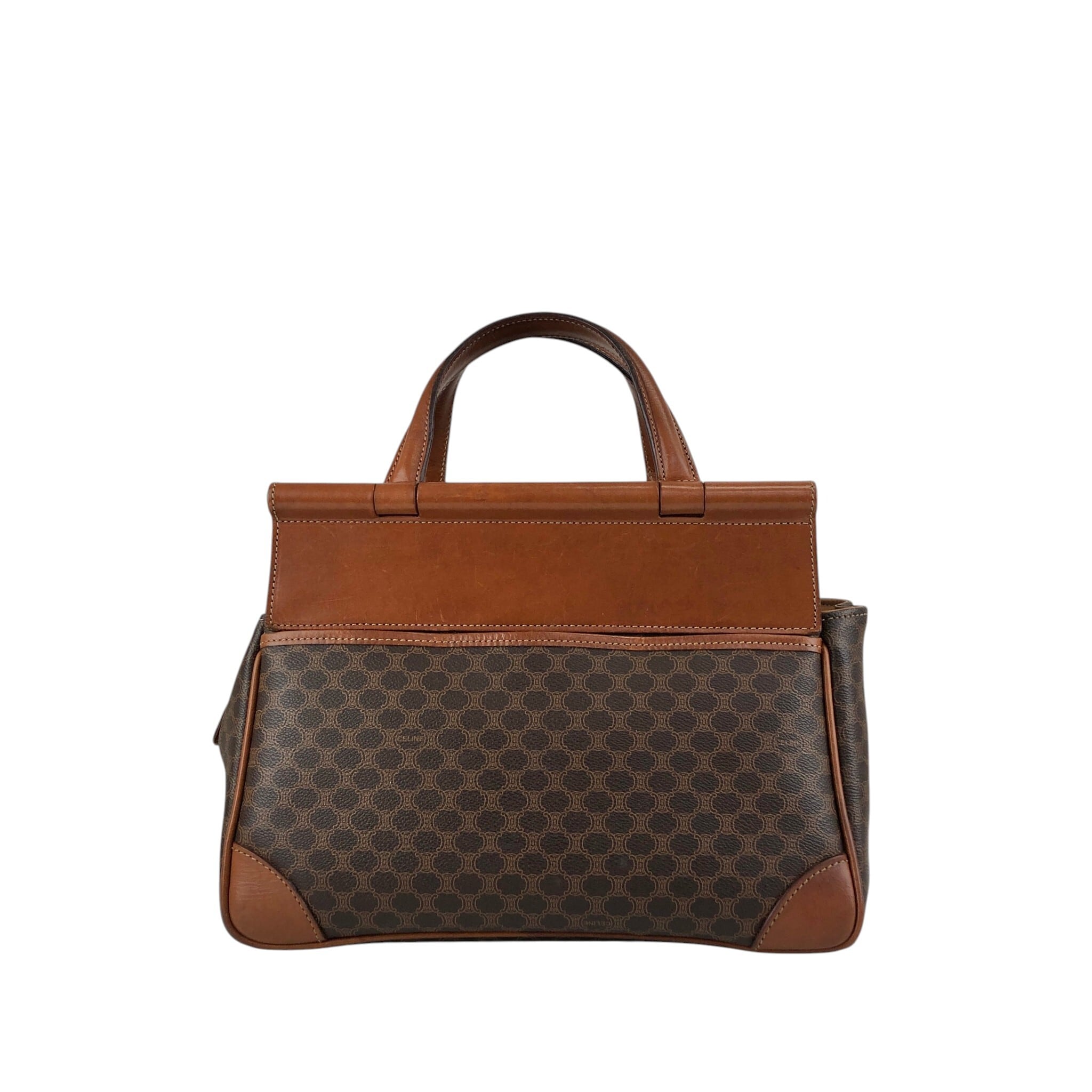 【美品】セリーヌ　マカダム　ハンドバッグ フロントポケット　PVCレザーブラウン CELINE セリーヌ マカダム ハンドバッグ ブラウン ブラゾン型押し PVC