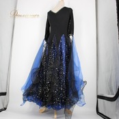 社交ダンス 衣装 スタンダード ドレス ワンピース パーティ衣装 オールシーズン ラインストーン 黒 青 ブルー系 ブラック系 派手 華やか 二重スカート フロート付き シルエット ラインストーン キラキラ チョーカー 軽やか おしゃれ 上品 競技用 レディース 伸縮性 謝恩会 発表会 ディスコ 体型カバー レディースドレス 目を引く
