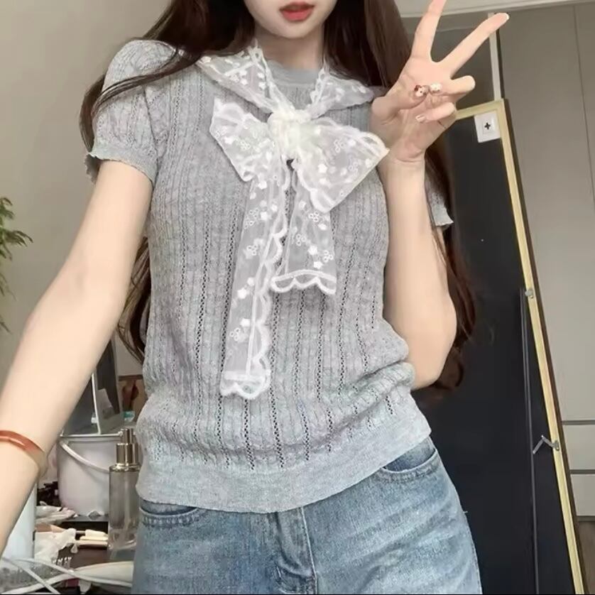 レースセーラーカラーリブニット