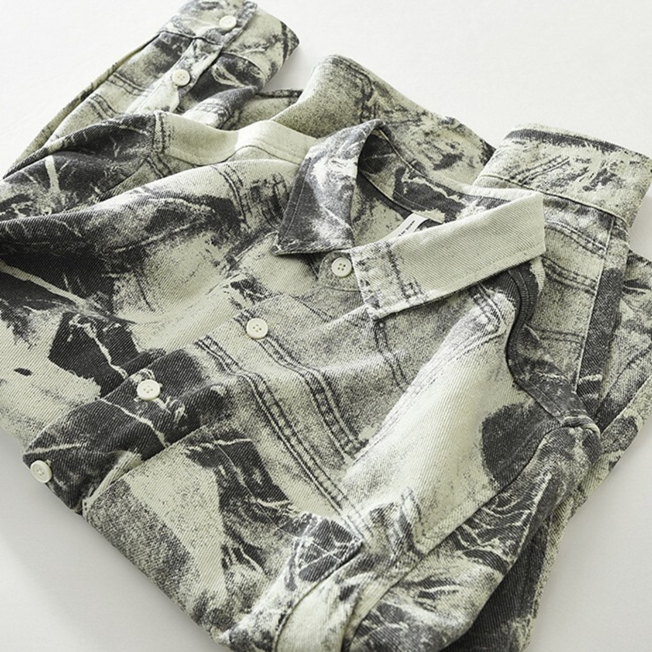 【M-3XL】Denim Print Long Sleeve Shirt / デニム プリント 長袖 シャツ