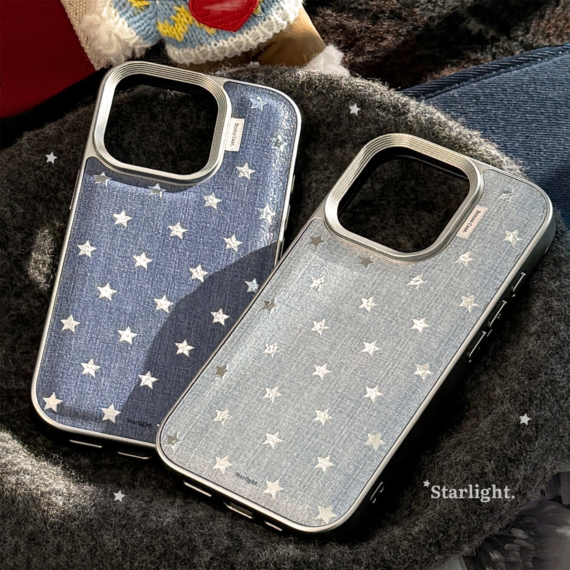 【iPhone17~11まで対応】おしゃれすぎ!デニム×スター◎メタルフレーム かわいい 韓国ケース シルバー インディゴ 星柄 スマホケース ND-16553
