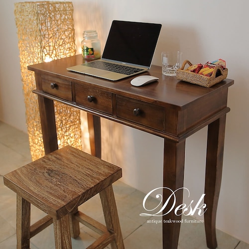 【古材チークの机！】可愛くコンパクトが魅力の無垢チーク材のスモールテーブル３ドロア　ミニデスク　飾り棚