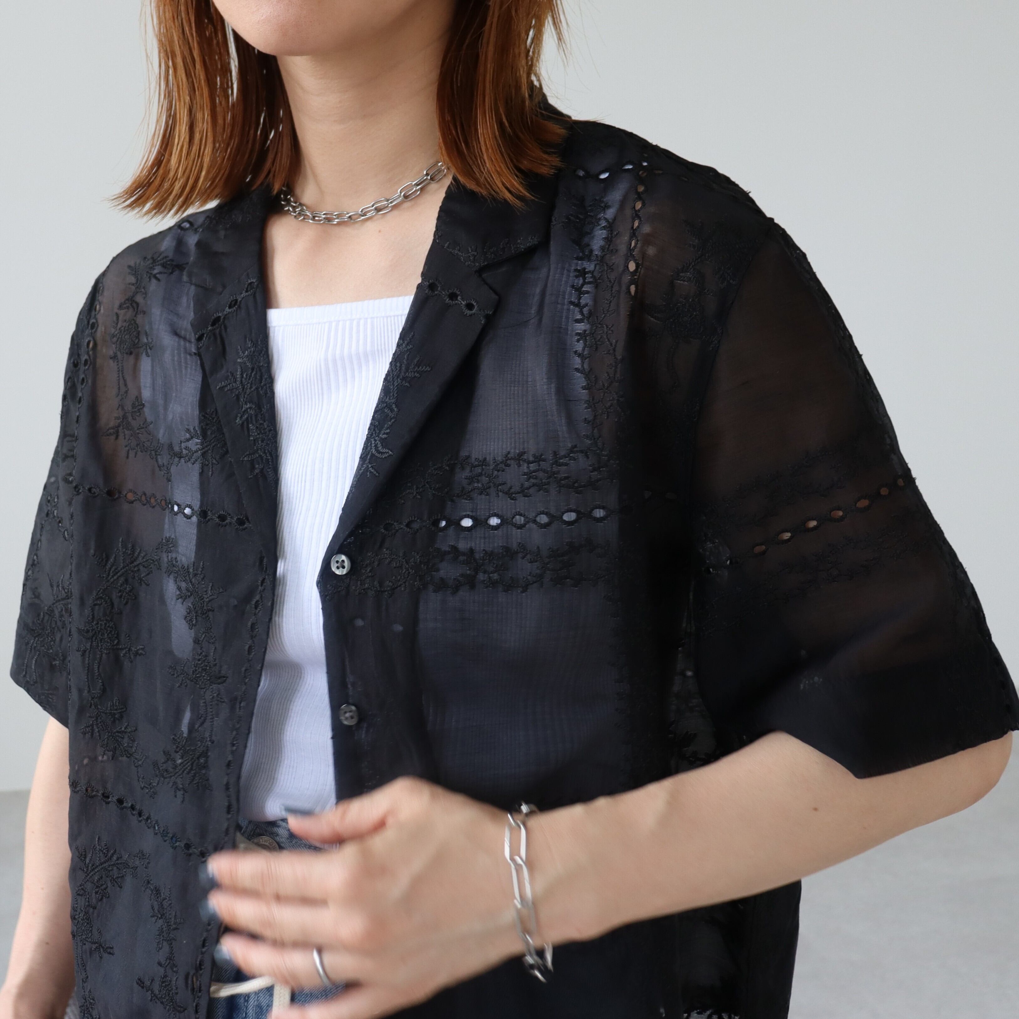 パッチワーク風総刺繍半袖シャツジャケット【day345678-z】送料無料
