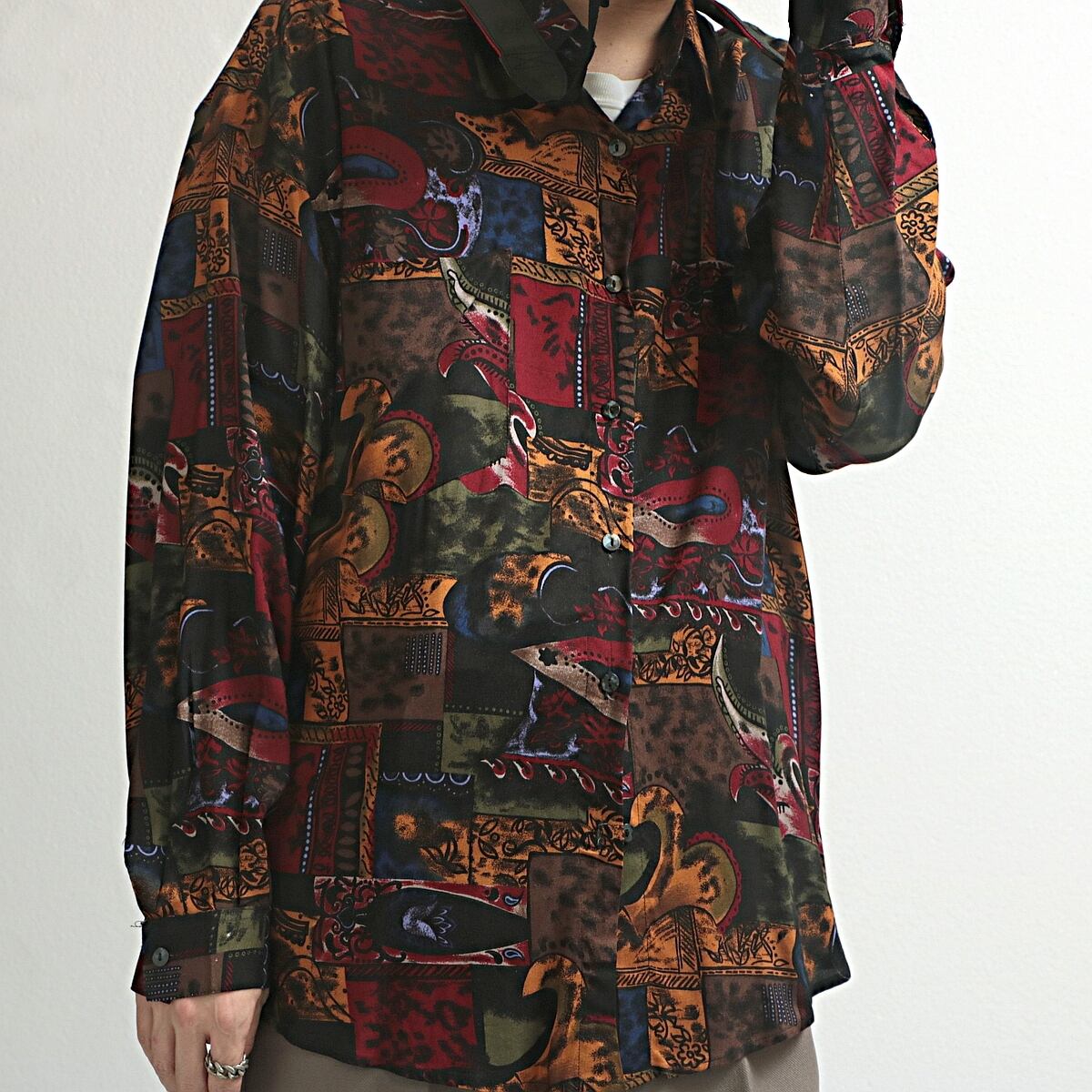 PALET exotic×art 柄 レーヨン 長袖 シャツ 古着 used
