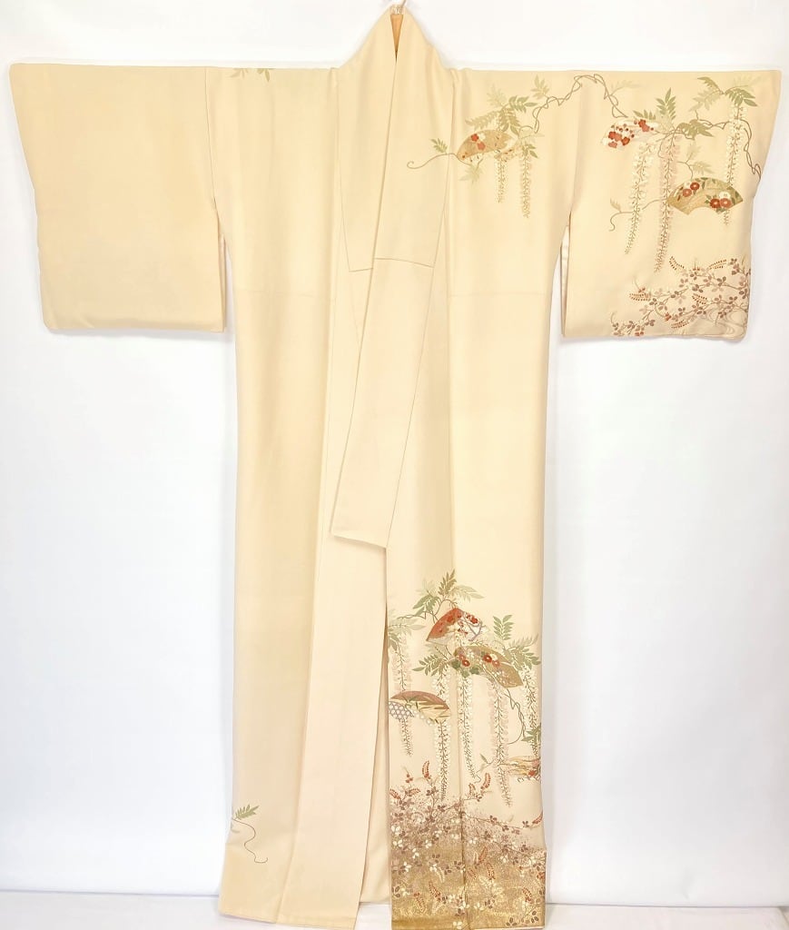 京友禅 やまと誂製 金駒刺繍 藤の花 扇面 訪問着 正絹 白 クリーム 898