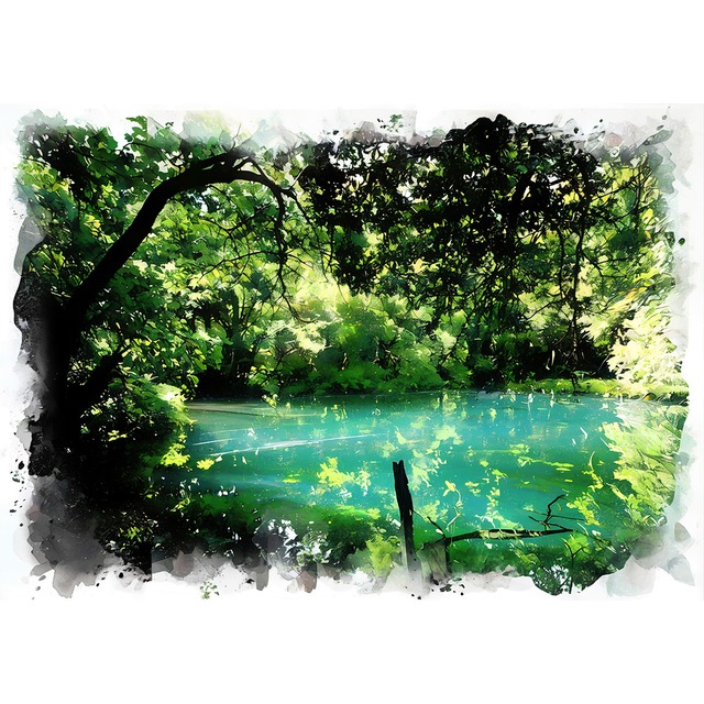 絵画(風景画) 日本 山形県 青い水を湛えた丸池様 インテリアアート額付き 水彩画・油絵調 WAT1227