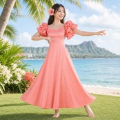 フラダンス 衣装 CC Fashions CCファッション ワンピース ドレス ピンク系 ハワイ製 ワンカラー 無地 光沢 フリル 上品 きれい 高級感 かわいい 華やか 鮮やか 明るい ハワイアン アロハ フラ ダンス レッスン 練習 フラワンピース