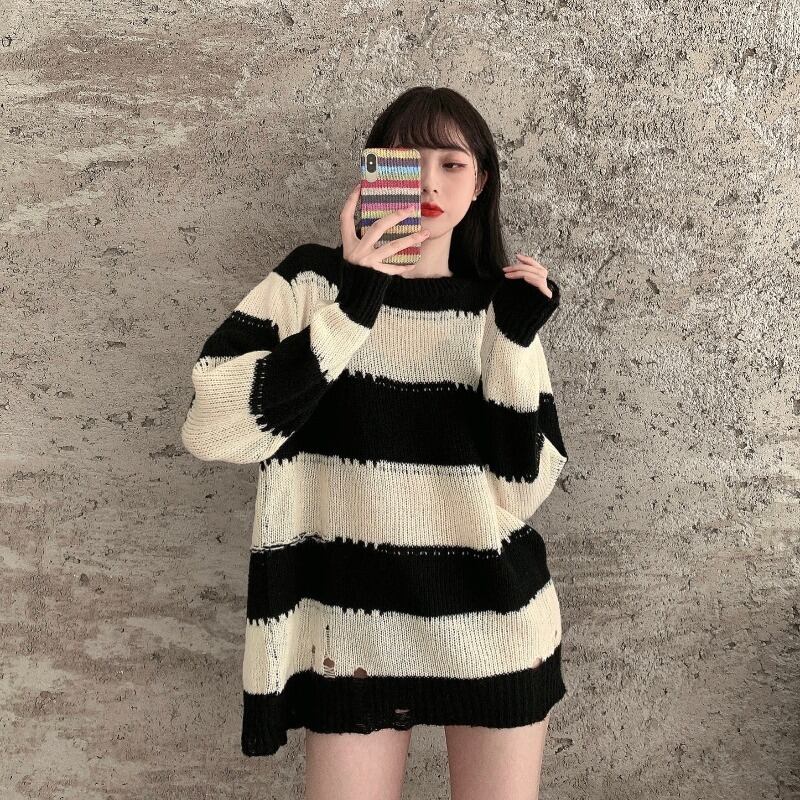 ルーズレイジープルオーバーセーターレディースアウターストライプセーター2020年秋新作ミドル丈ニットトップス ドラファッションホール16857771234