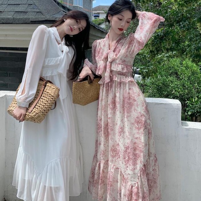 全2色 ワンピース ロングワンピ 袖あり ボウタイ リボン 花柄 