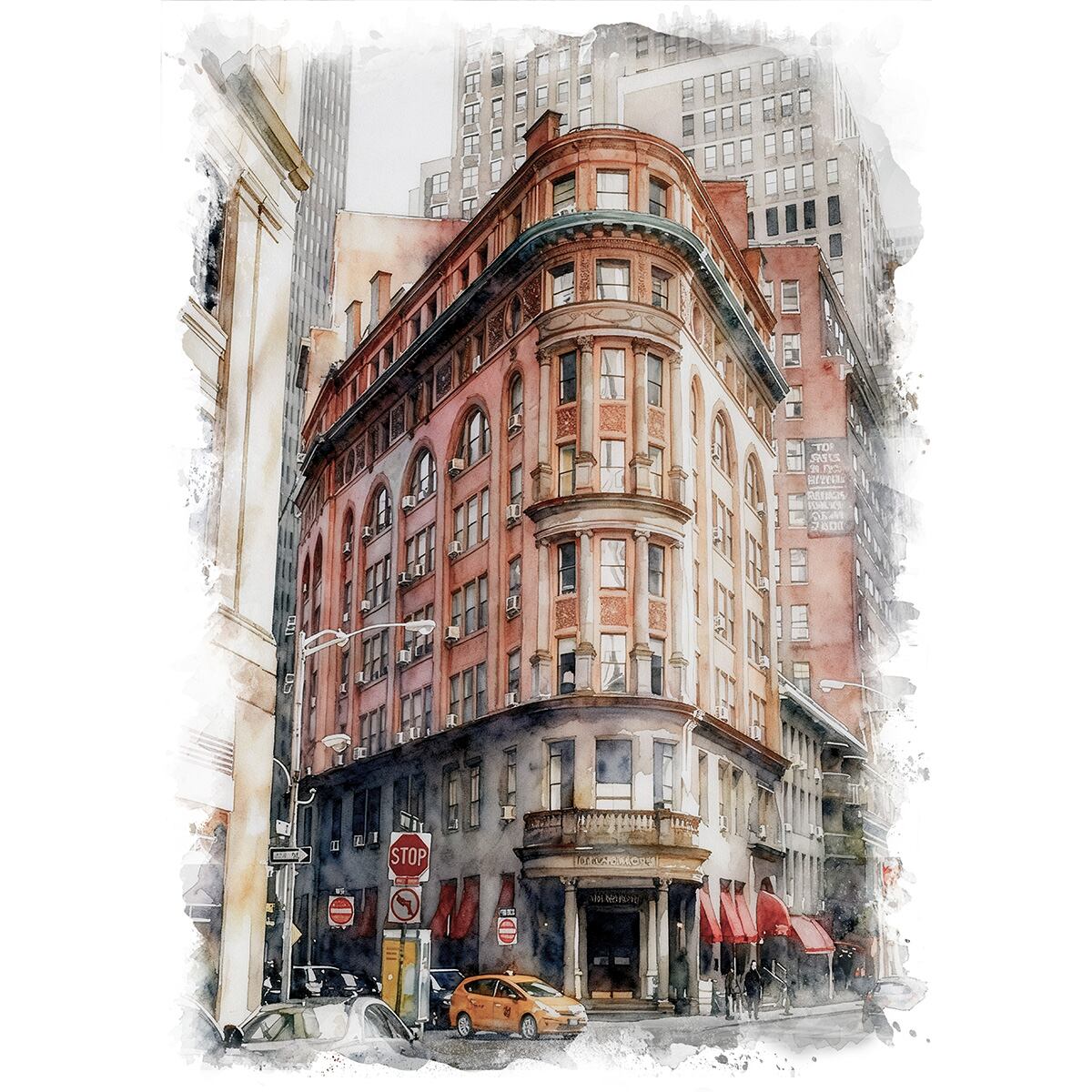 絵画 風景画(街並み) アメリカ ニューヨーク デルモニコス ステーキハウス インテリアアート額付き 水彩画・油絵調 WAT0581