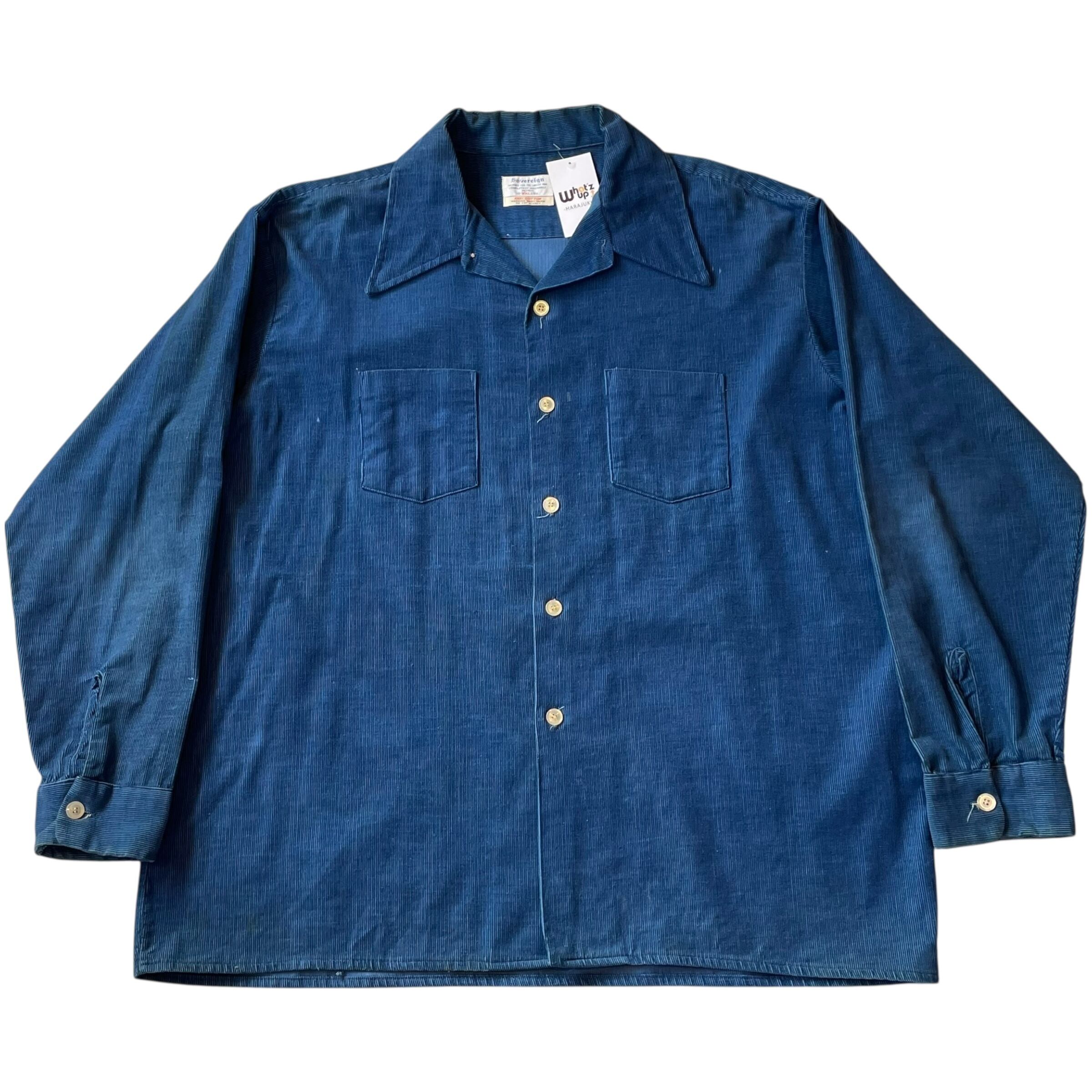 XXL!!! 1970s "Blue navy" corduroy open collar L/S shirt