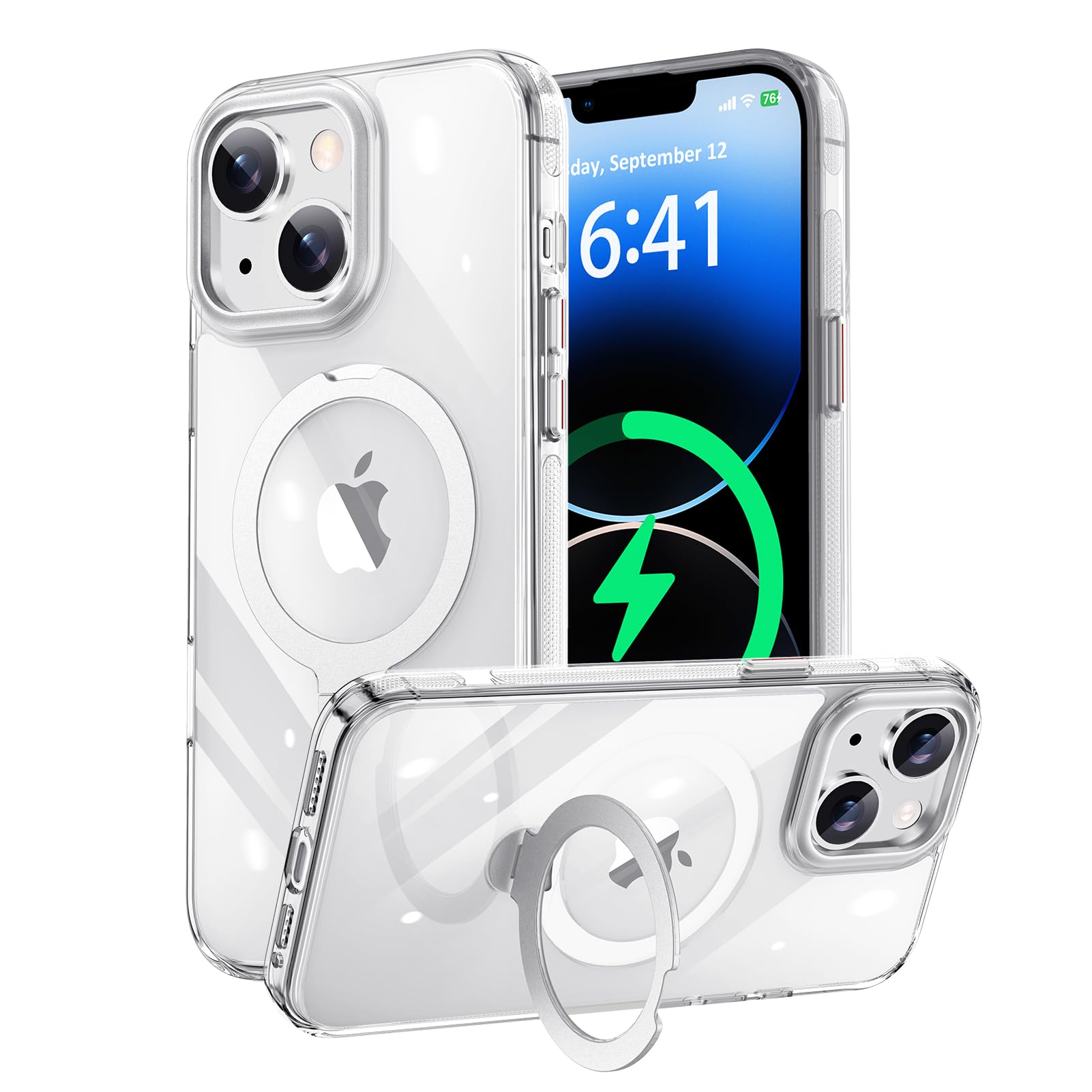 KISECASE iPhone 14 / 13 用 ケース リング Magsafe対応 定点360度回転スタンド 耐衝撃 黄ばみ防 クリア