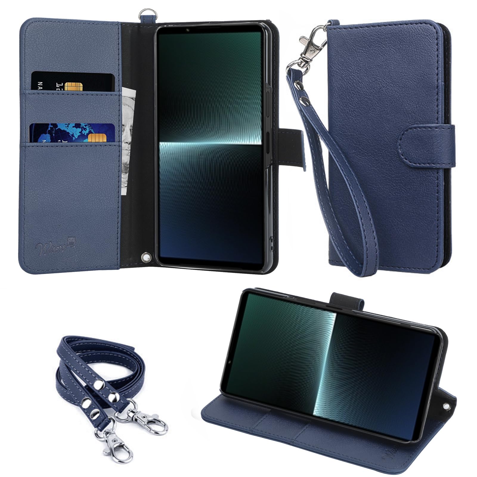 wisers Xperia 1 V SO-51D SOG10 Gaming Edition 対応 手帳型スマホケース 牛革調PUレザー カードホルダー スタンド機能付き ハンドストラップ ネックストラップ ダークブルー