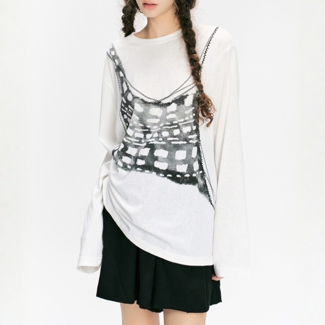 Graphic print ruched long T-shirt C1599
