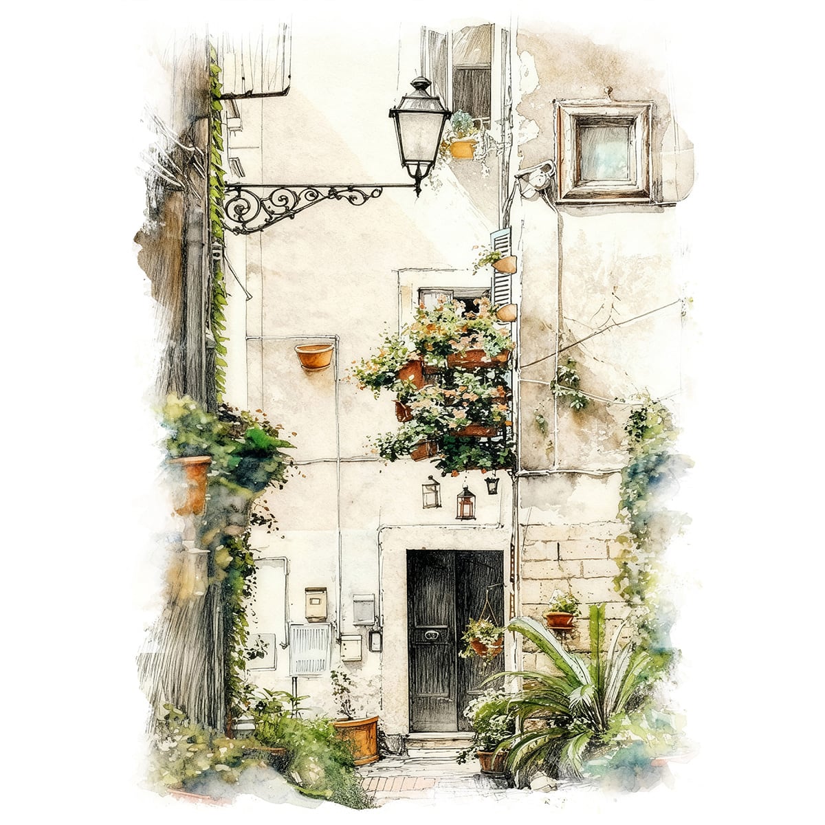 絵画 イタリア 古い路地裏の風景画 インテリアアート額付き 水彩画