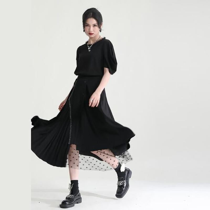 サブカル 服 地雷系 通販 ツーピース パフスリーブ半袖シャツ スリム プリーツスカート 大人可愛い 水玉 シフォン 大人 ゴシック