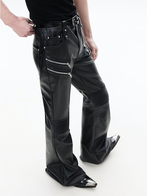 FRKM SCD 26SS パイオニアマルチジップブラックバイカーレザーパンツカジュアルパンツプリーツ膝サポートコーティングマイクロパンツ