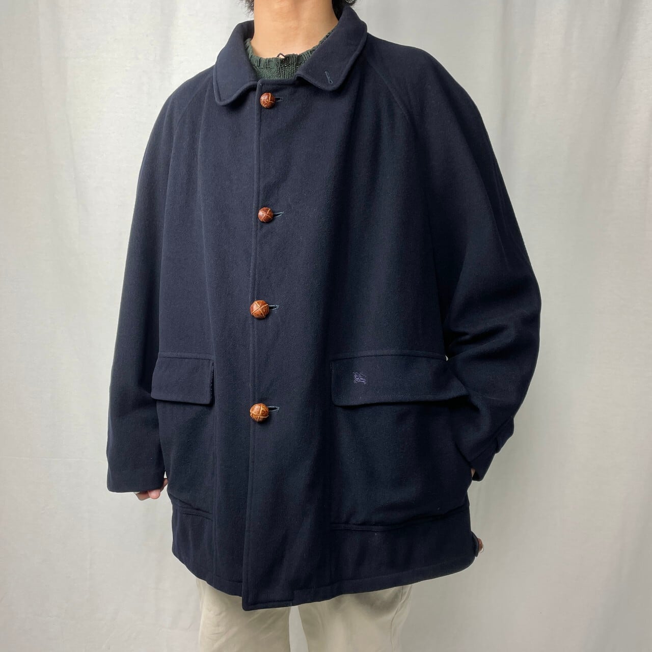 80年代 英国製 Burberry's バーバリー ウールハーフコート メンズXL相当 古着 80s ヴィンテージ VINTAGE ステンカラーコート  バルマカーンコート 紺色【コート】/ネイビー | cave 古着屋【公式】古着通販サイト