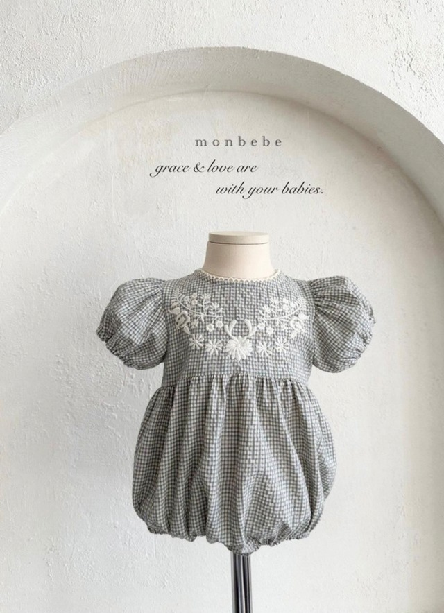 フラワー刺繍チェックロンパース