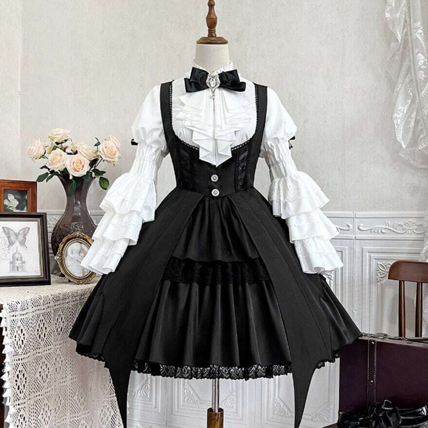 ゴスロリ セットアップ 姫袖フリルシャツ×黒ジャンパースカート｜WithU