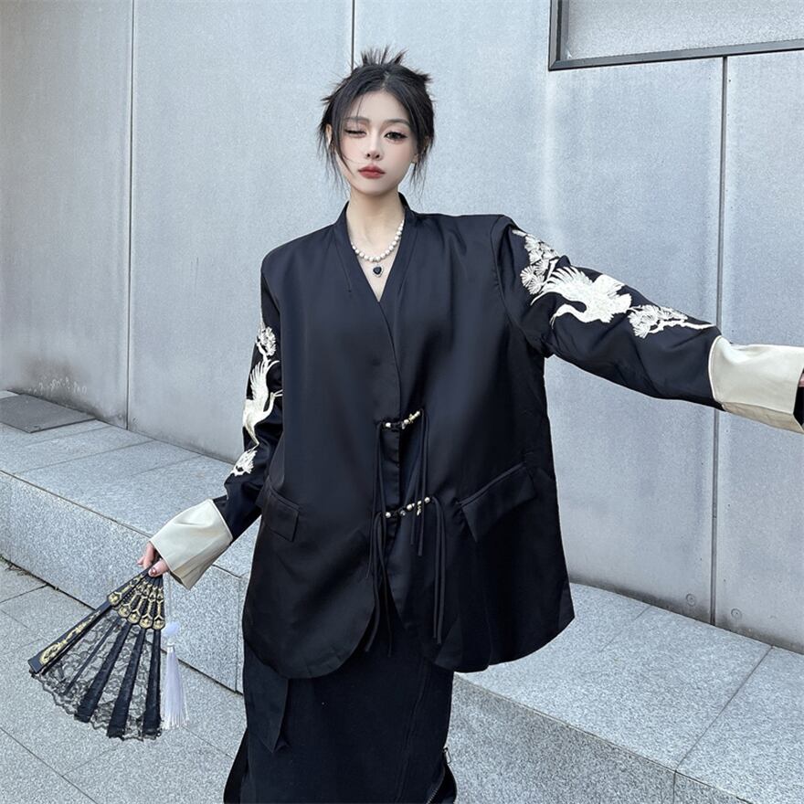 チャイナ風ジャケット カーディガン アウター 鶴 闇かわいい バンギャ