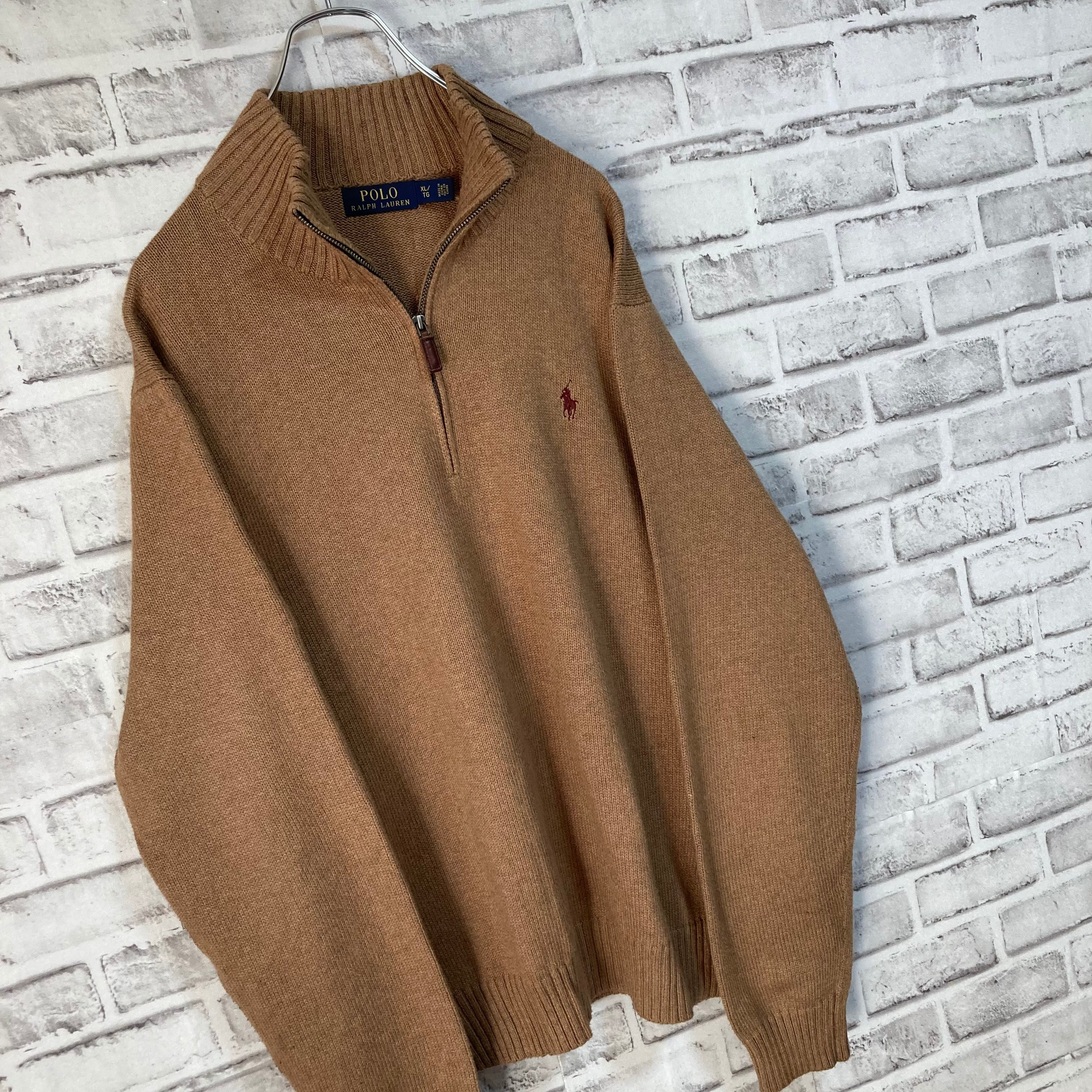 【 Polo Ralph Lauren】 Halfzip Knit XL ポロ ラルフローレン ハーフジップ ニット セーター ベージュ 胸ロゴ  刺繍ロゴ ポニーロゴ ゆるだぼ ビッグシルエット アメリカ USA 古着