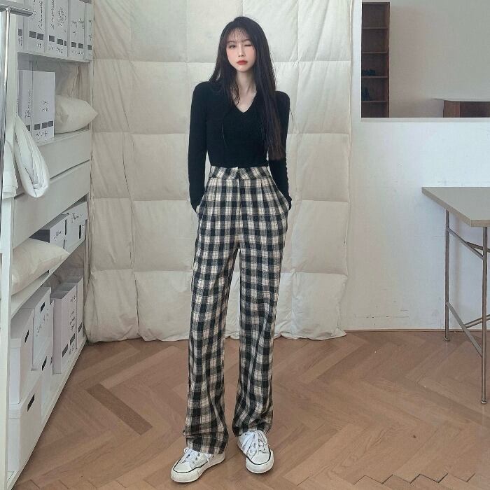 スプリングVネックスリムトップス ハイウェストウェストルーズ格子柄パンツ 春物 ドラファッションホール7561027742