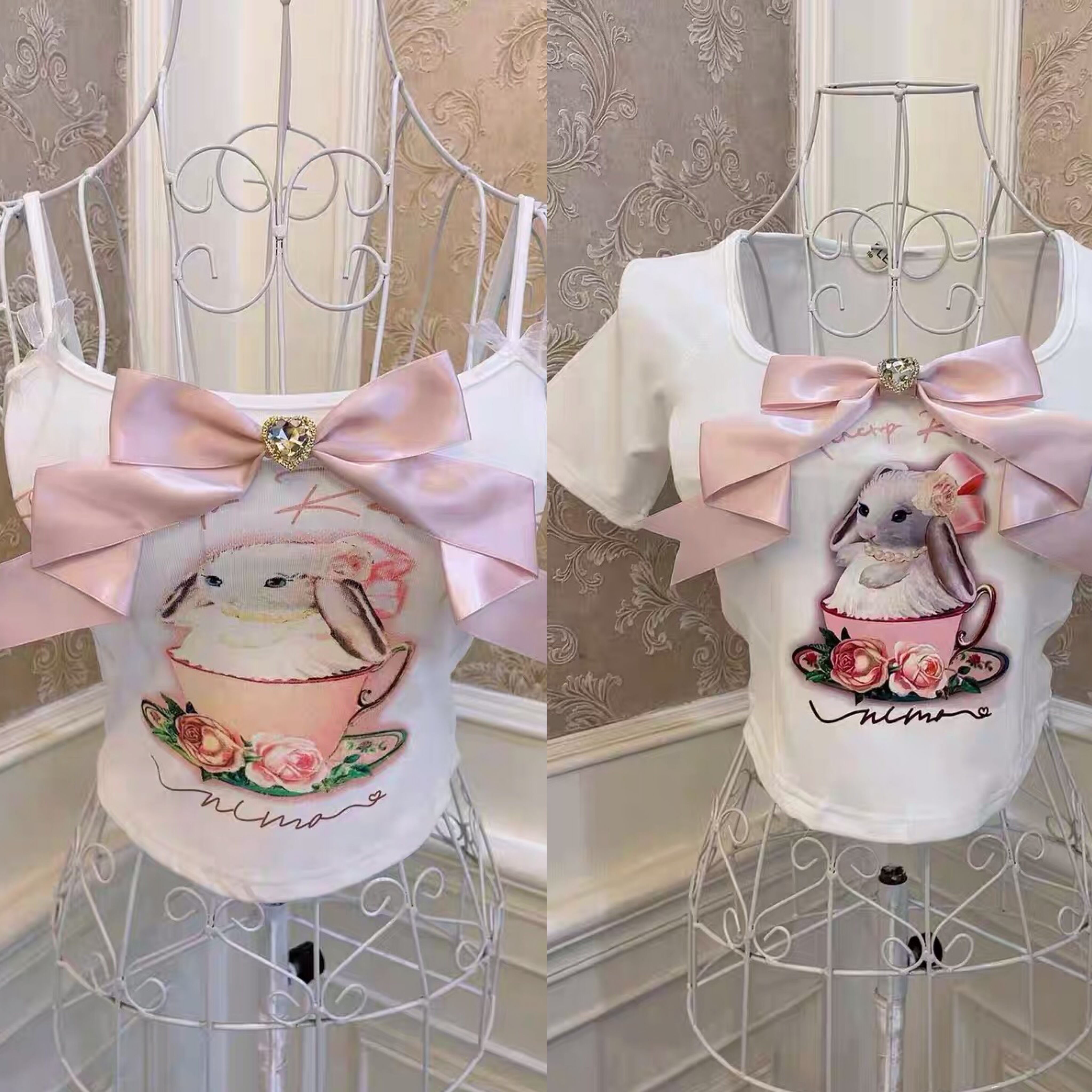 うさ耳猫ちゃん　リボン柄デニム　ミニ巾着　トートバッグ くすみピンク　フリル うさ耳猫ちゃん リボン柄デニム ミニ巾着 トートバッグ くすみピンク