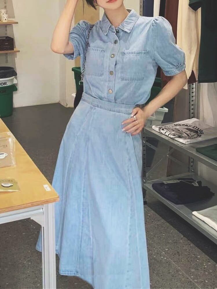 半袖デニムシャツ ロングデニムスカート 上下セット 休日コーデ きれいめ おしゃれ トレンド 大きいサイズ 韓国 Ch5100 可愛い大きいサイズ韓国レディースファッション通販 Chulachula チュラチュラ