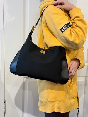 Salvatore ferragamo / vintage black leather×canvas semi shoulder bag.
