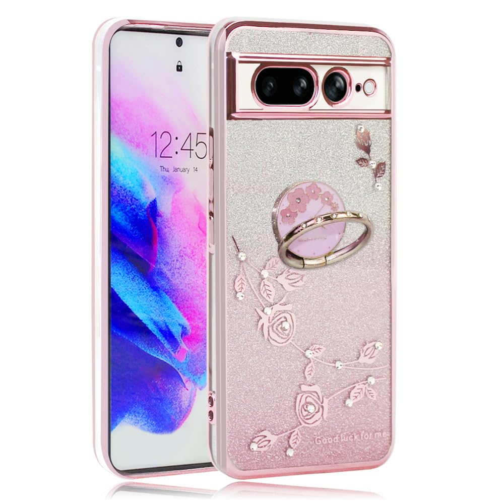 JOOBOY スマホケース 対応 Google Pixel 7Pro ケース リング付き クリア キラキラ メッキ加工 花柄 ソフトケース TPU 薄型 おしゃれ かわいい 衝撃吸収 ブランド グーグル ピクセル 7プロ カバー (ローズゴールド)