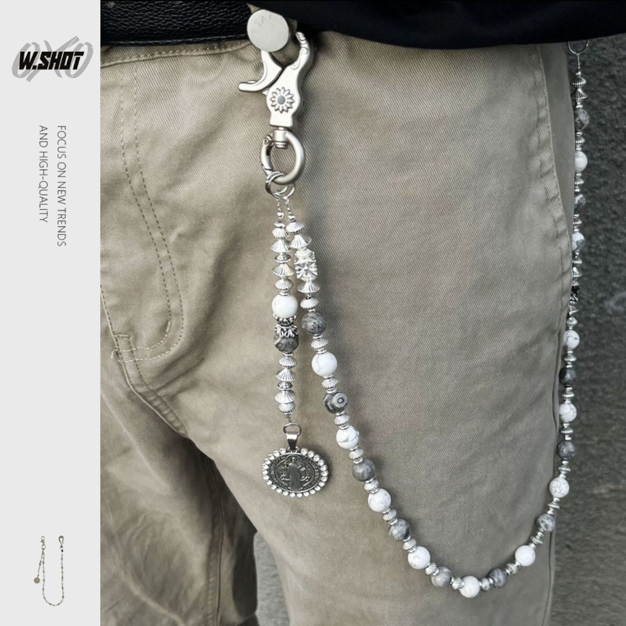 白灰色ビーズ ウォレットチェーン G184