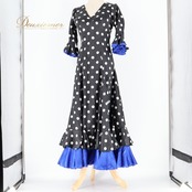 フラメンコ 衣装 ワンピース ドレス ドット 水玉 ボランテ フリル 光沢 黒 白 青 ブラック系 ホワイト系 ブルー系 ダンス パーティ 発表会 光沢感 軽め ブラックドレス シンプル フォーマル フラメンコダンス ステージ衣装 かわいい
