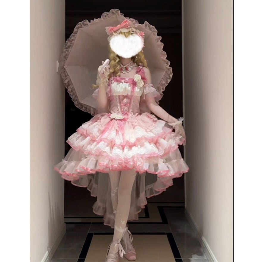 ロリータファッション 甘ロリ ピンク 薔薇リボンフリルドレス ロリータファッション 甘ロリ ピンク 薔薇リボンフリルドレス