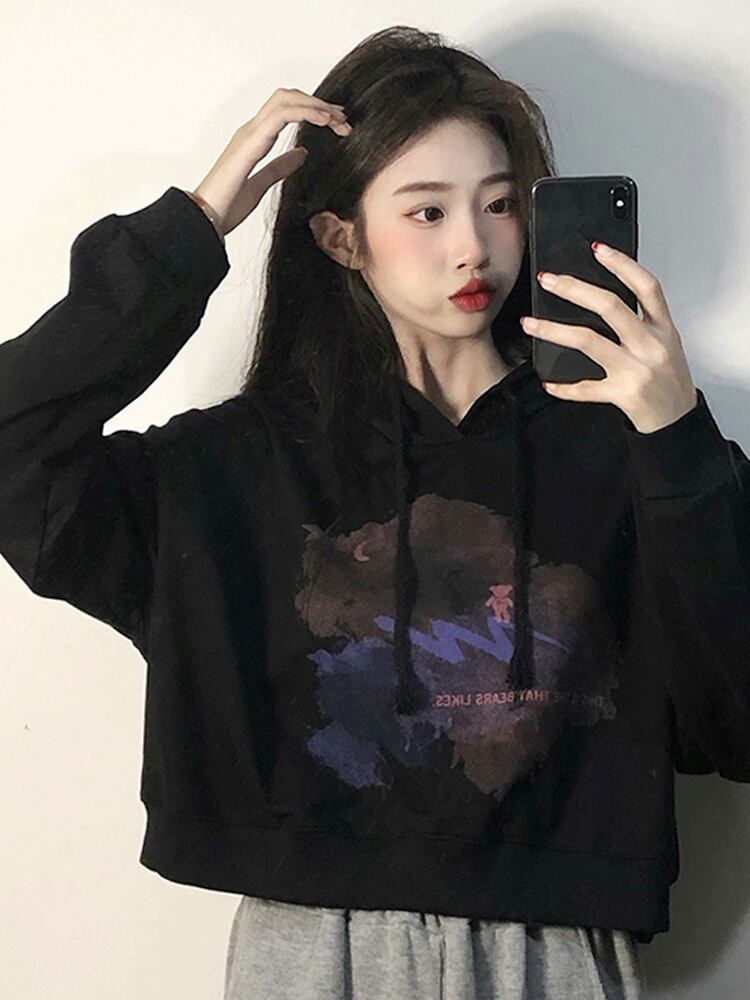 ブラックショートフードスウェット スプリングオータムスタンダードスタイルトップス レトロ 春物 秋物 試着室77442858706