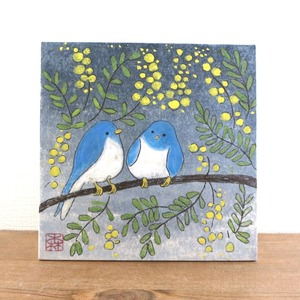 【日本画原画】春を待つミモザと二羽の青い鳥ー　壁掛け　インテリア　インテリアアート　絵画
