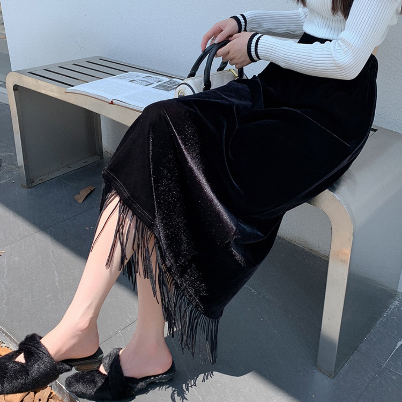 フリンジ ベルベット スリット スカート 10311