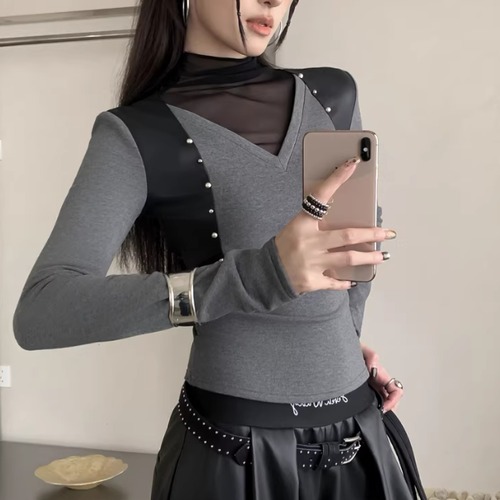 2色／フェイクレザーショルダーシアーコンビトップス ・13898