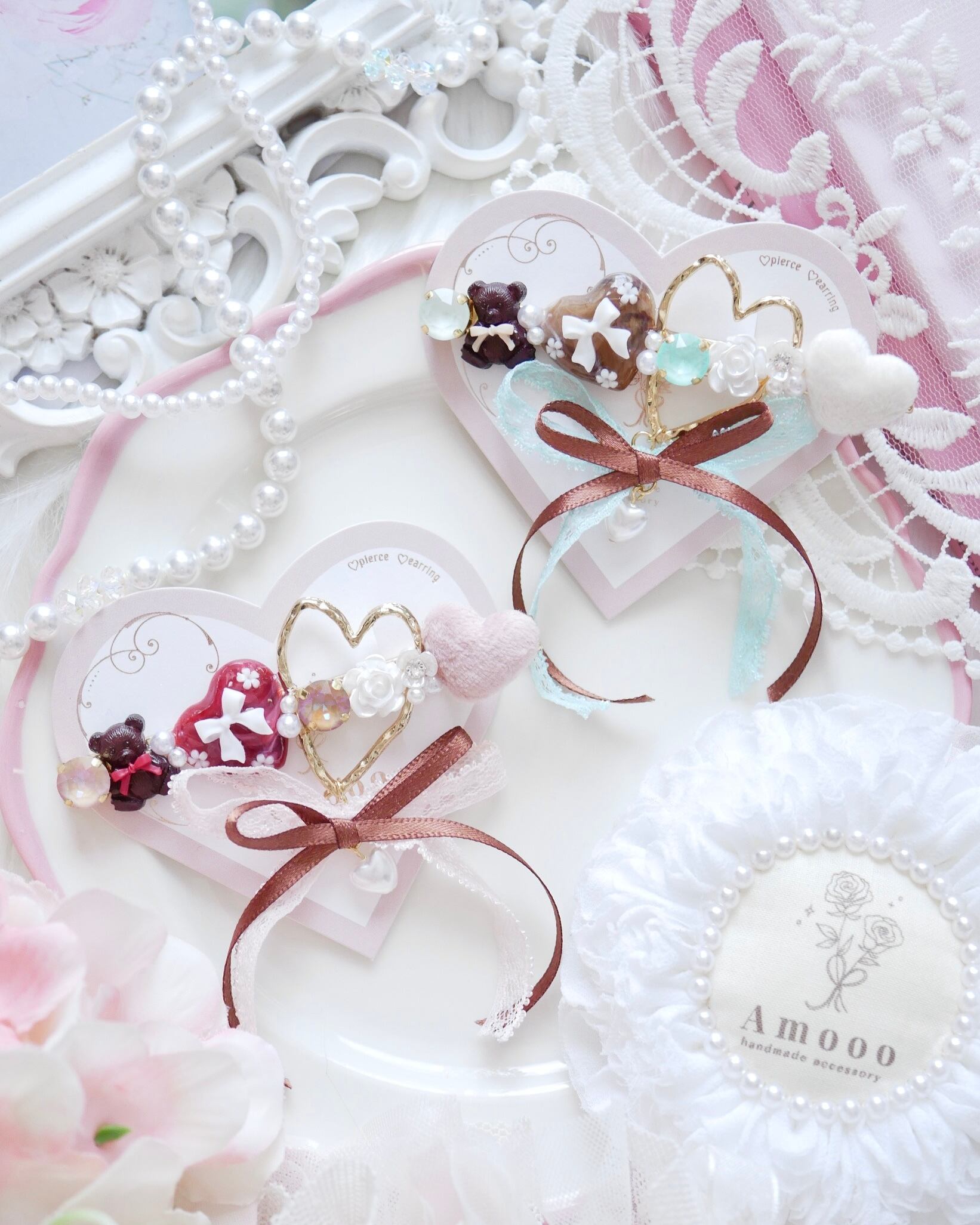 8901 ボンボンバイカラーリボンハートベアヘアクリップ