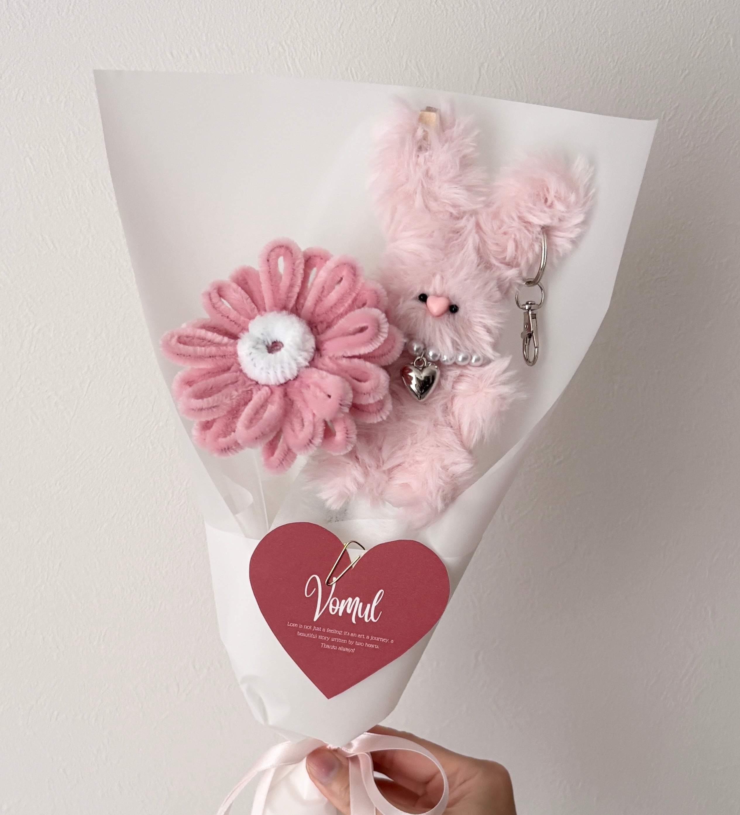 k-pink smile flower bouquet【モールフラワー4本+スマイルフラワー1本