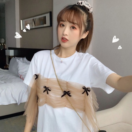 ✞ メッシュリボンラウンドネック白Tシャツ ホワイト 大人ガーリー スウィート キュート カジュアル ✞ゴスロリ SM ミリ 甘ロリ クラロリ 和ロリ エレガント 黒ロリ 姫ロリ 華ロリ BB-BB1478726