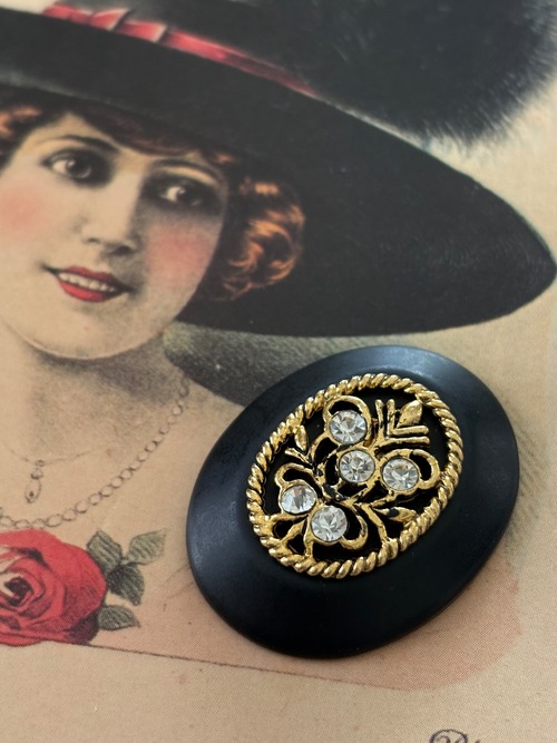 Vintage ヴィンテージ カボション 33mm ブラック×ゴールド ストーン  カルトナージュ アクセサリーパーツ デコレーション材