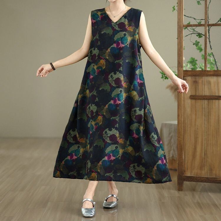 PRINT V-NECK SLEEVELESS WAISTED LONG DRESS M-17966