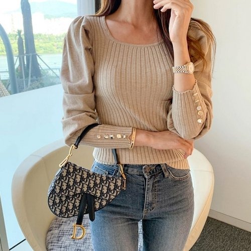 ニット レディース リブ パフスリーブ ボタンデザイン 大人カジュアル エレガント ニット 秋 冬 韓国 ファッション キレイめ ニット レディース リブ パフスリーブ ボタンデザイン 大人カジュアル