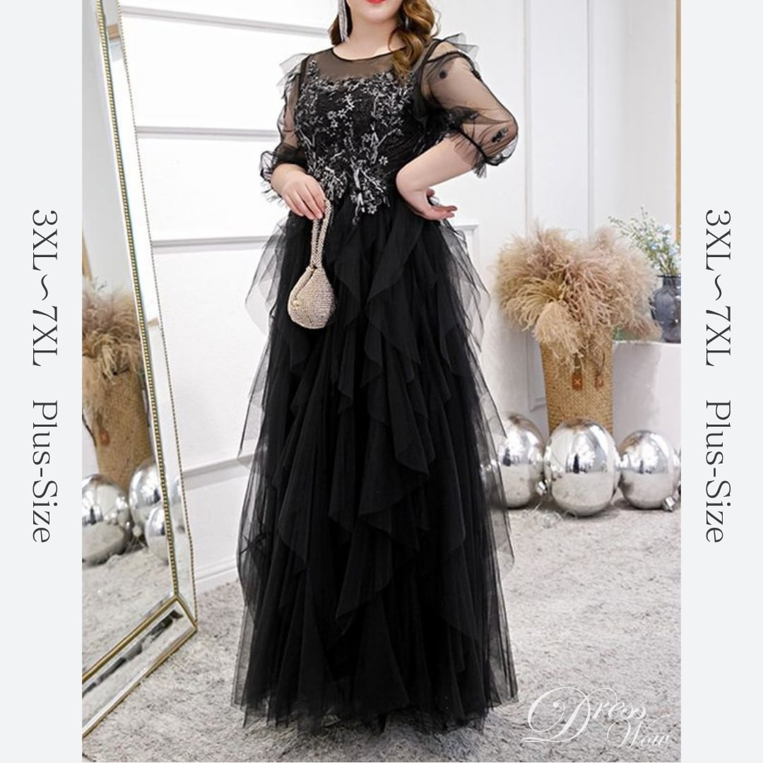 【3XL〜7XL】ティアードチュールドレス D1572