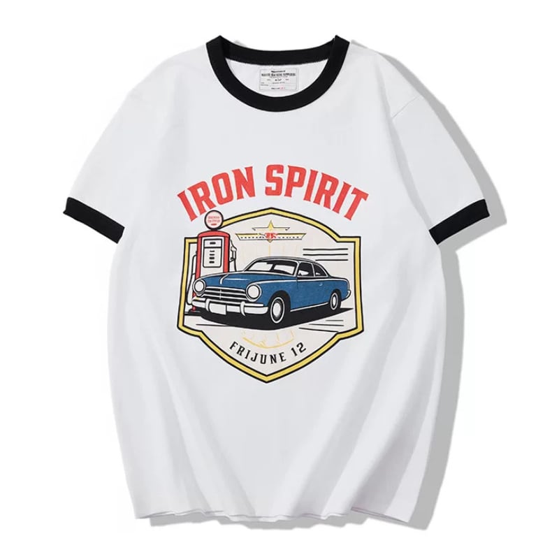 ヴィンテージカー レトロプリント リンガーTシャツ 4色 L0615