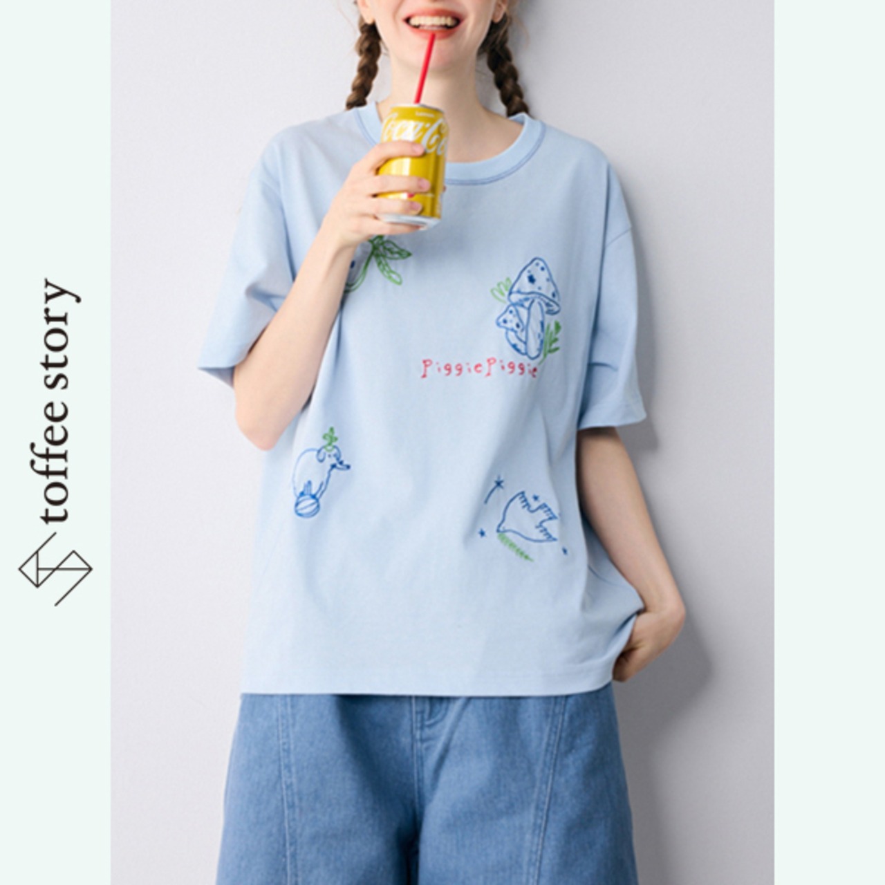 【2color】キュートなイラスト刺繍入り♡ラウンドネックTシャツ 《P0188》