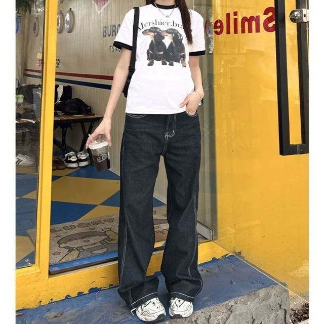 ダックスフントグラフィックリンガーTシャツ 2col R02294