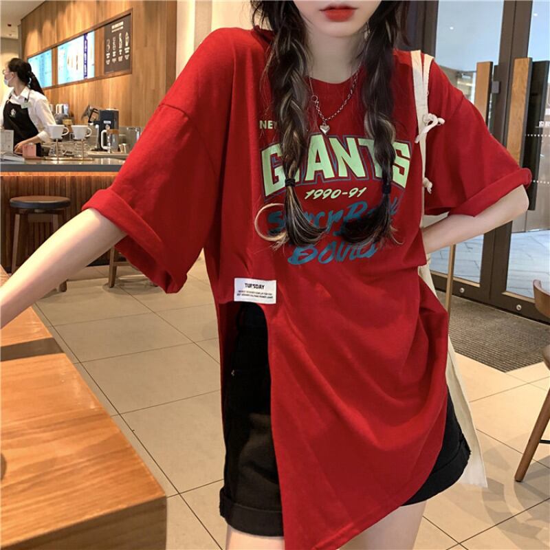 Tシャツ サマールーズスタイル薄手レッドトップス 夏物 ブラックストロベリース59001548306